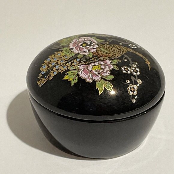 Vintage Asahi Japan Porcelain Trinket Box Peacock Floral Design Black Porcelain - Picture 3 of 8